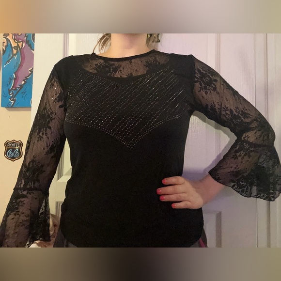 FLARE LACE BLACK SLEEVES BEDAZZLED RHINESTONE TOP LACE DETAILING SPARKLY - Picture 4 of 11